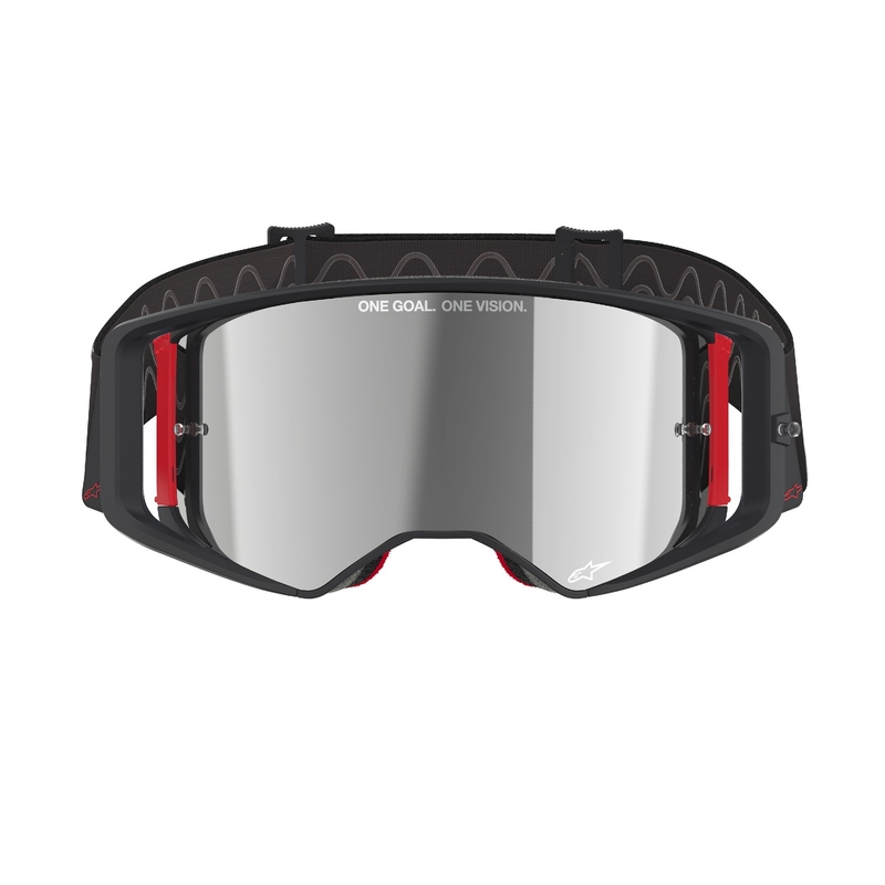 Alpinestars Supertech Corp juodai raudoni motokroso akiniai su veidrodiniais sidabriniais lęšiais