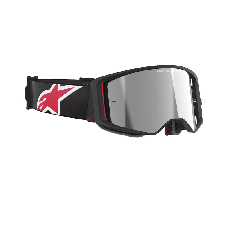 Alpinestars Supertech Corp juodai raudoni motokroso akiniai su veidrodiniais sidabriniais lęšiais
