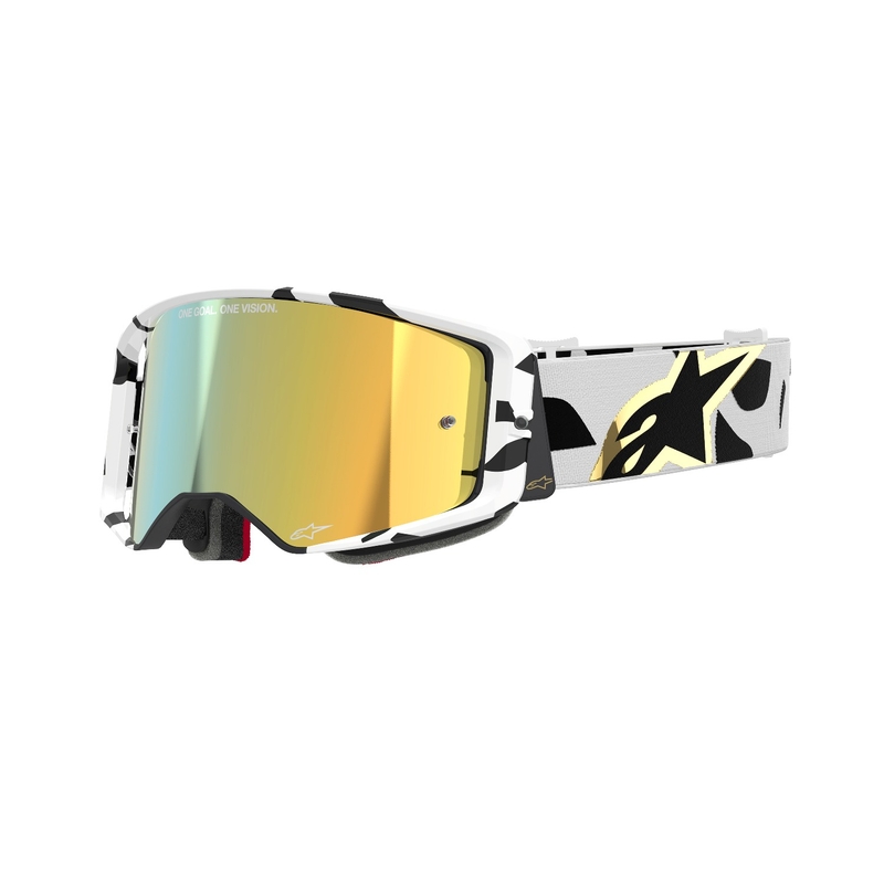Alpinestars Supertech Corp baltos ir auksinės spalvos motokroso akiniai su veidrodiniais auksiniais lęšiais