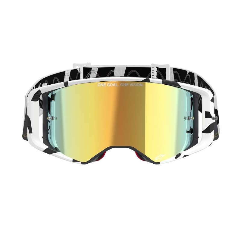 Alpinestars Supertech Corp baltos ir auksinės spalvos motokroso akiniai su veidrodiniais auksiniais lęšiais