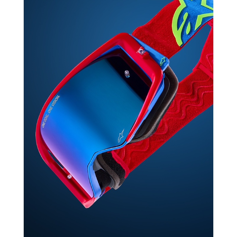 Alpinestars Supertech Corp baltos ir auksinės spalvos motokroso akiniai su veidrodiniais auksiniais lęšiais