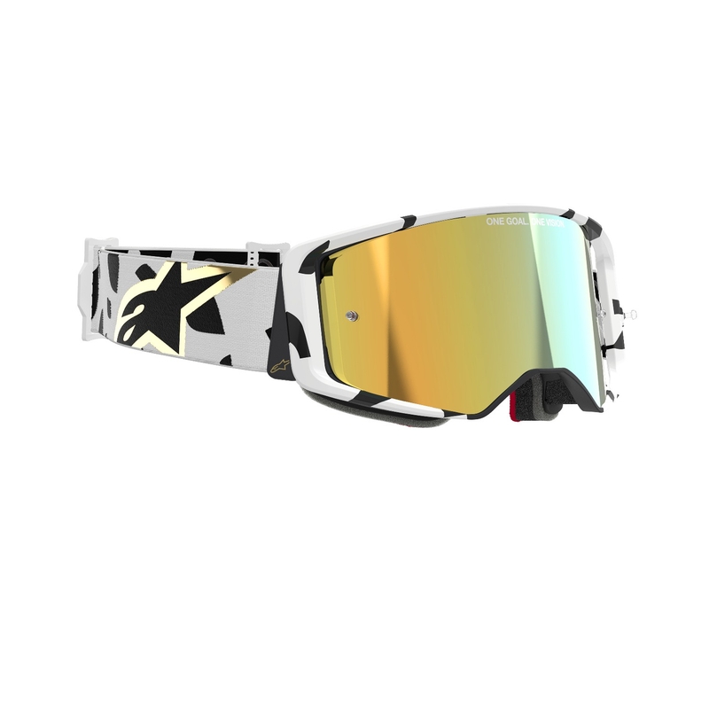 Alpinestars Supertech Corp baltos ir auksinės spalvos motokroso akiniai su veidrodiniais auksiniais lęšiais