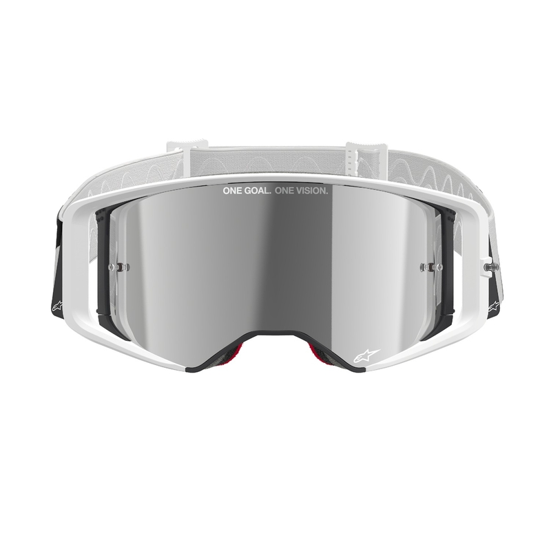Alpinestars Supertech Corp balti motokroso akiniai su veidrodiniais sidabriniais lęšiais