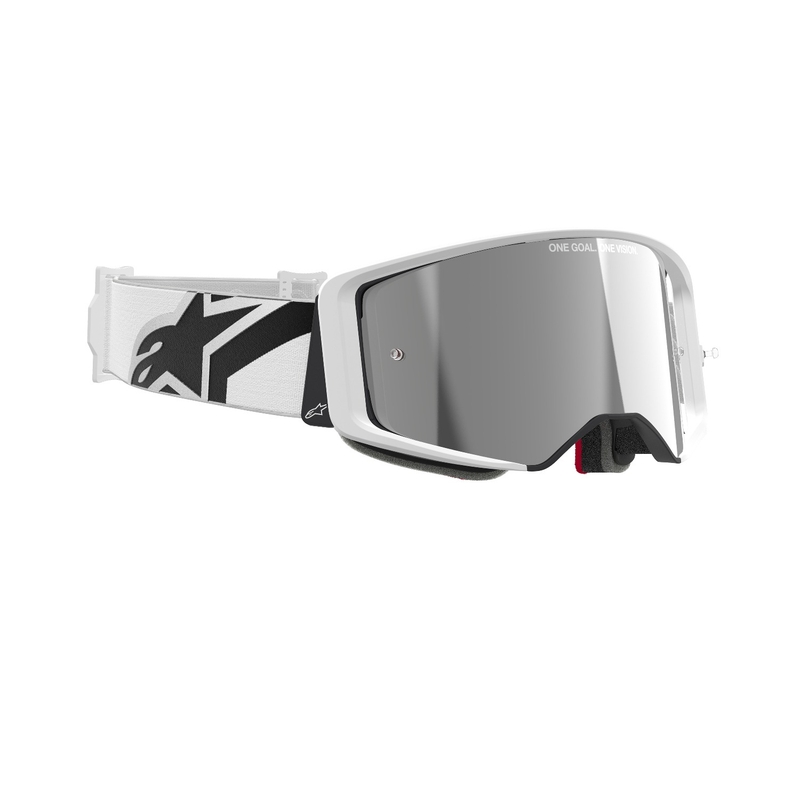 Alpinestars Supertech Corp balti motokroso akiniai su veidrodiniais sidabriniais lęšiais