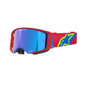 Alpinestars Supertech Corp raudonos ir mėlynos spalvos motokroso akiniai su veidrodiniais sidabriniais lęšiais