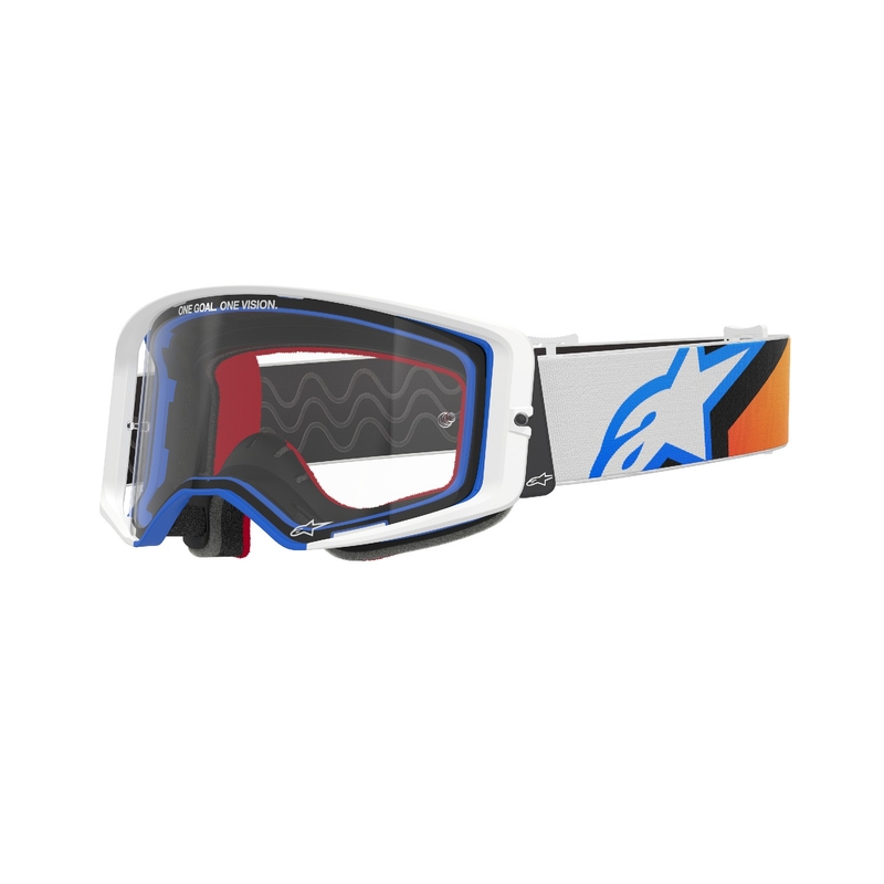 Alpinestars Supertech Corp motokroso akiniai mėlynai oranžiniai su skaidriais lęšiais