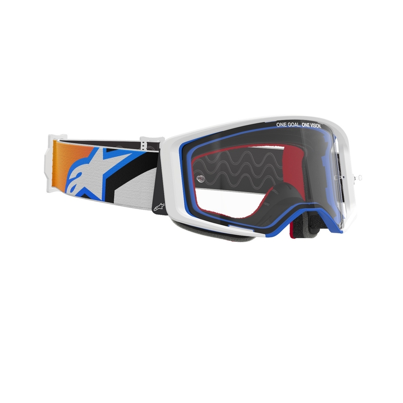 Alpinestars Supertech Corp motokroso akiniai mėlynai oranžiniai su skaidriais lęšiais