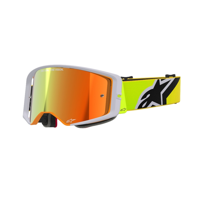 Alpinestars Supertech Corp fluo geltonai pilkos spalvos motokroso akiniai su veidrodiniais raudonais lęšiais
