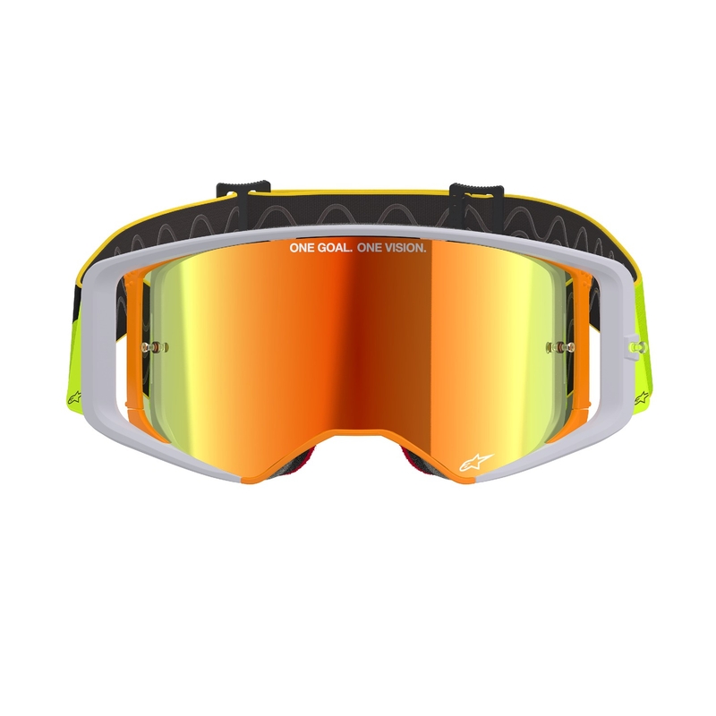 Alpinestars Supertech Corp fluo geltonai pilkos spalvos motokroso akiniai su veidrodiniais raudonais lęšiais