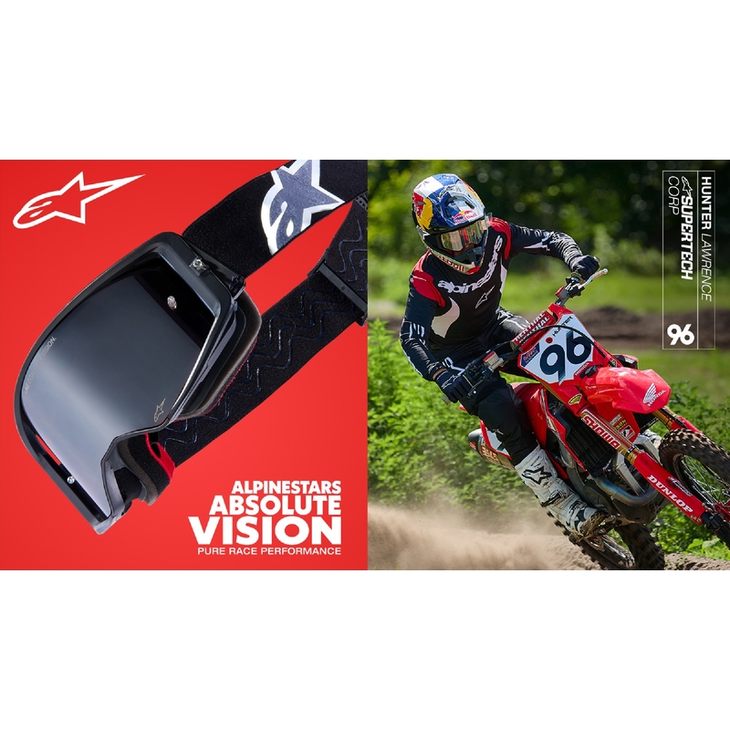 Alpinestars Supertech Corp fluo geltonai pilkos spalvos motokroso akiniai su veidrodiniais raudonais lęšiais