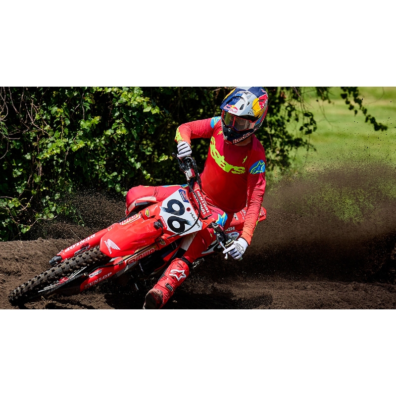 Alpinestars Supertech Corp fluo geltonai pilkos spalvos motokroso akiniai su veidrodiniais raudonais lęšiais