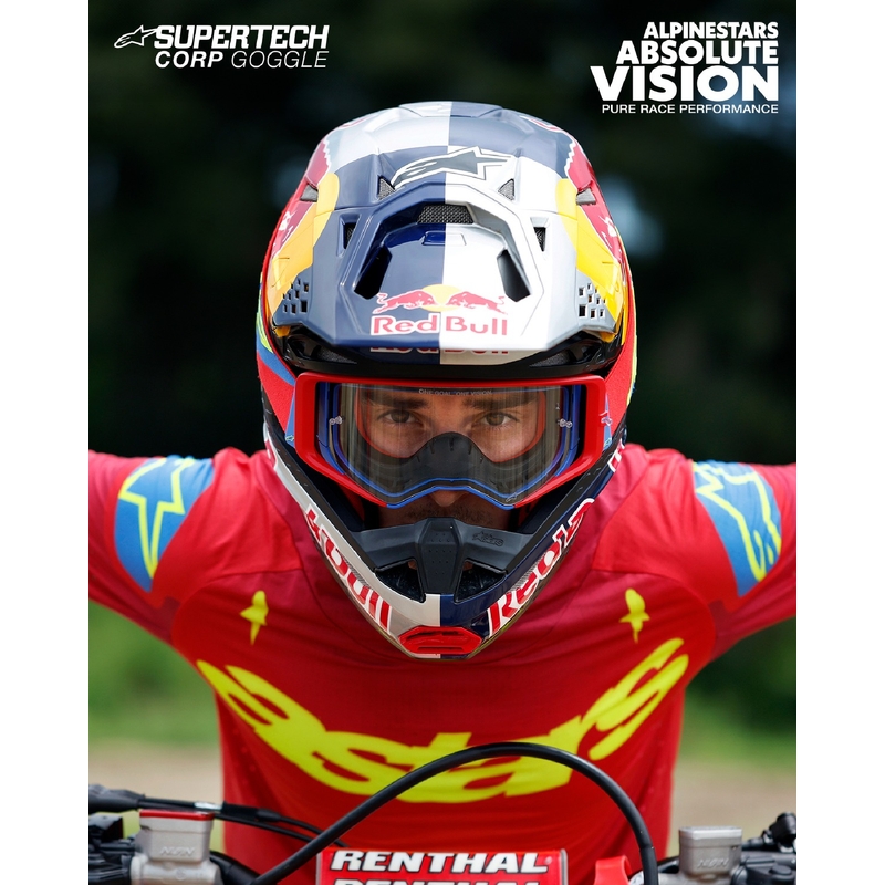 Alpinestars Supertech Corp fluo geltonai pilkos spalvos motokroso akiniai su veidrodiniais raudonais lęšiais