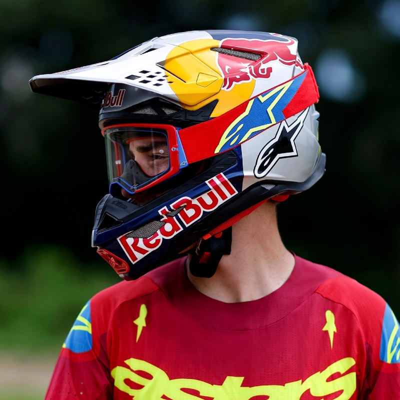 Alpinestars Supertech Corp fluo geltonai pilkos spalvos motokroso akiniai su veidrodiniais raudonais lęšiais