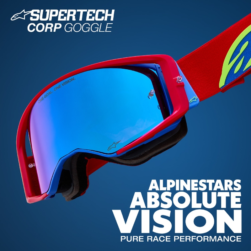 Alpinestars Supertech Corp fluo geltonai pilkos spalvos motokroso akiniai su veidrodiniais raudonais lęšiais