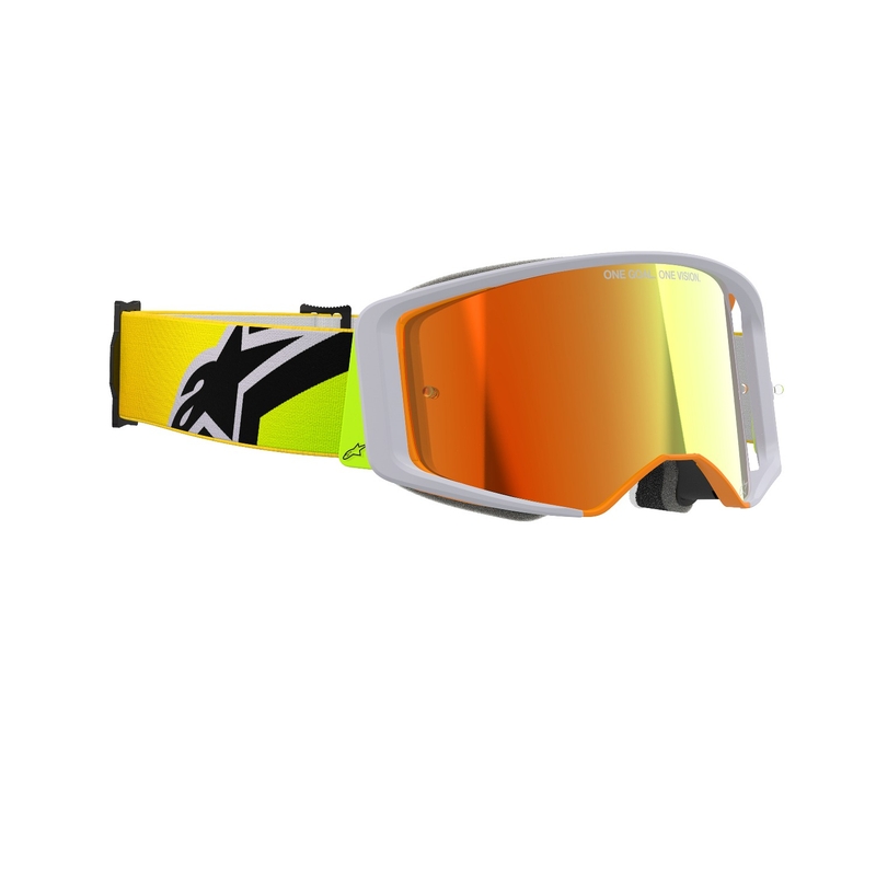 Alpinestars Supertech Corp fluo geltonai pilkos spalvos motokroso akiniai su veidrodiniais raudonais lęšiais