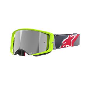 Alpinestars Supertech Corp fluo geltonai raudoni motokroso akiniai su veidrodiniais sidabriniais lęšiais