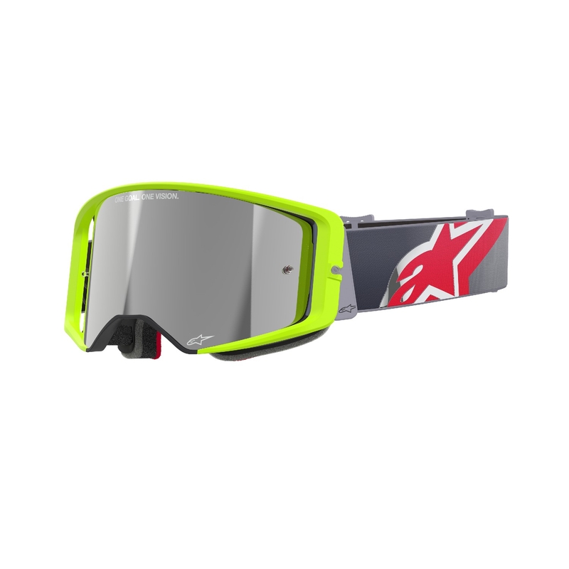 Alpinestars Supertech Corp fluo geltonai raudoni motokroso akiniai su veidrodiniais sidabriniais lęšiais