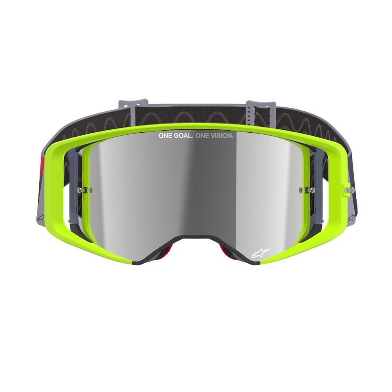 Alpinestars Supertech Corp fluo geltonai raudoni motokroso akiniai su veidrodiniais sidabriniais lęšiais
