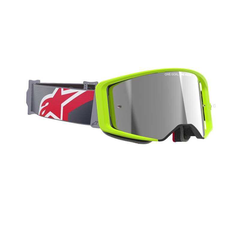 Alpinestars Supertech Corp fluo geltonai raudoni motokroso akiniai su veidrodiniais sidabriniais lęšiais