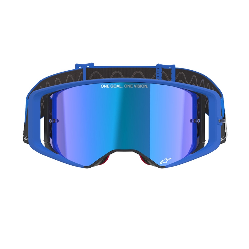 Alpinestars Supertech Stream mėlyni motokroso akiniai su veidrodiniais mėlynais lęšiais