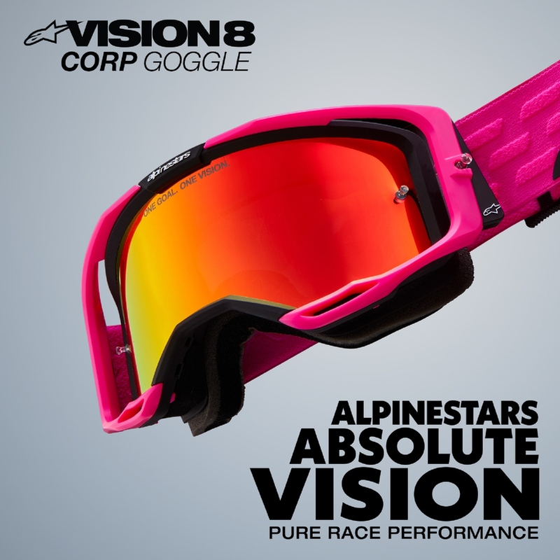 Alpinestars Vision 8 Corp motokroso akiniai violetinės spalvos su veidrodiniais mėlynais lęšiais