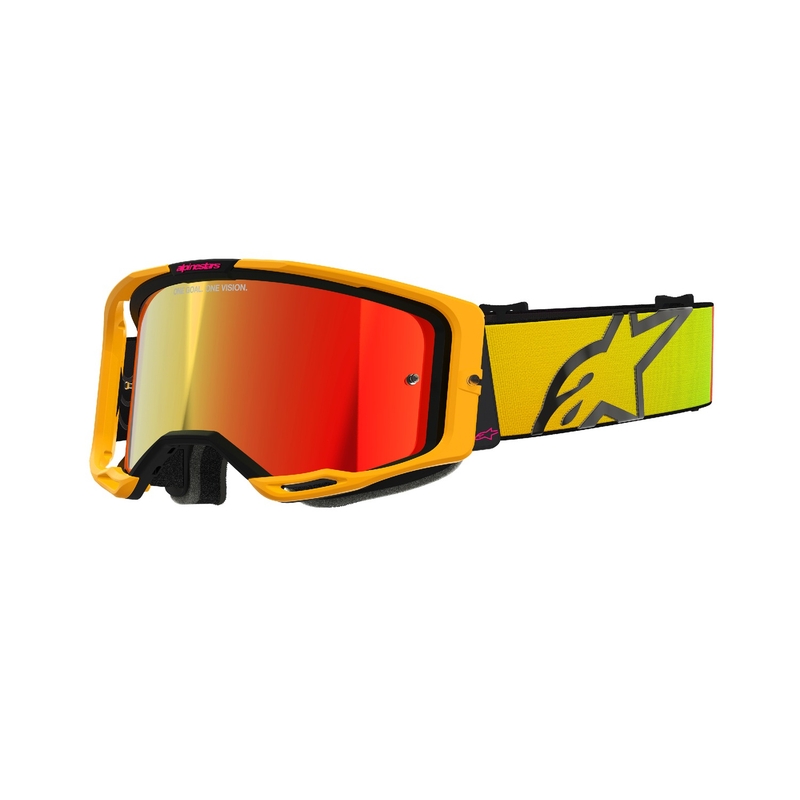 Alpinestars Vision 8 Corp motokroso akiniai geltonai rožinės spalvos su veidrodiniais raudonais lęšiais