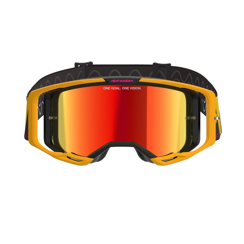 Alpinestars Vision 8 Corp motokroso akiniai geltonai rožinės spalvos su veidrodiniais raudonais lęšiais