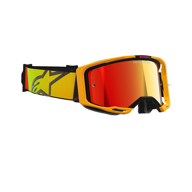 Alpinestars Vision 8 Corp motokroso akiniai geltonai rožinės spalvos su veidrodiniais raudonais lęšiais