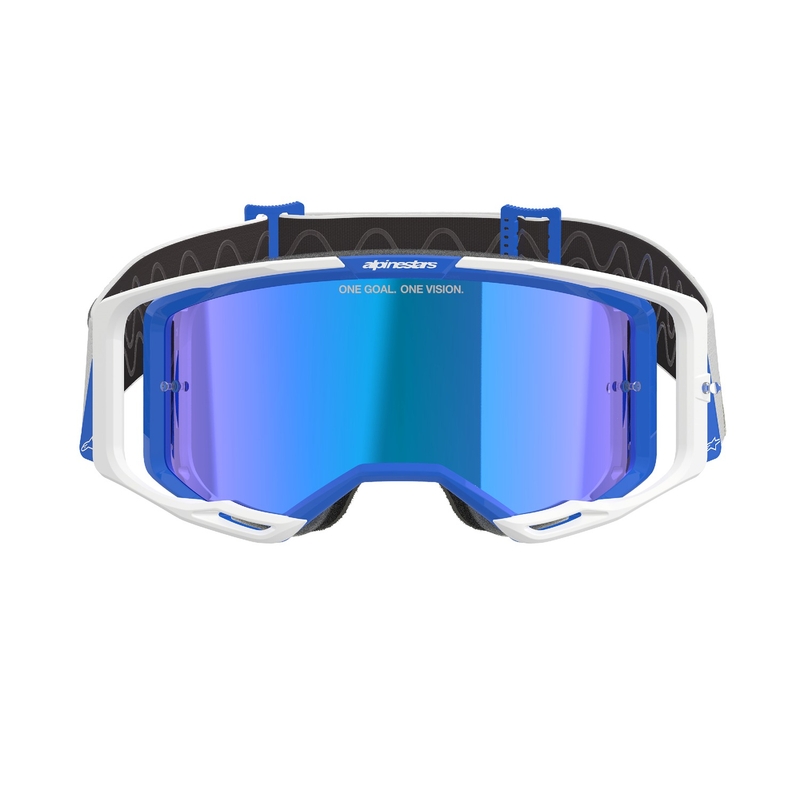 Alpinestars Vision 8 Corp motokroso akiniai mėlynos ir baltos spalvos su veidrodiniais mėlynais lęšiais
