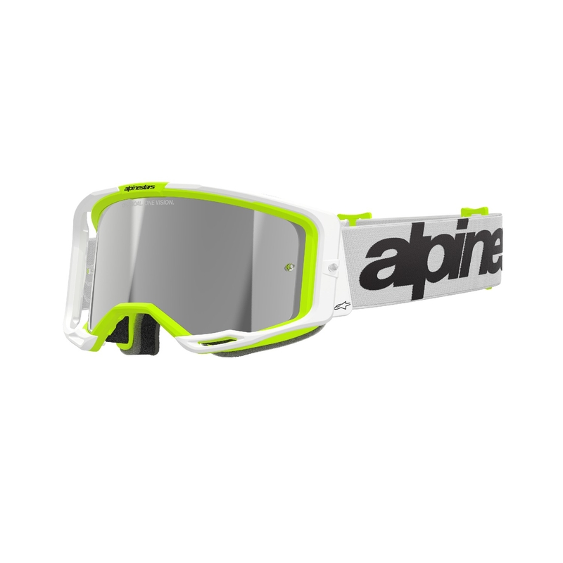 Alpinestars Vision 8 Wordmark motokroso akiniai baltai-fluo geltoni su veidrodiniais sidabriniais lęšiais