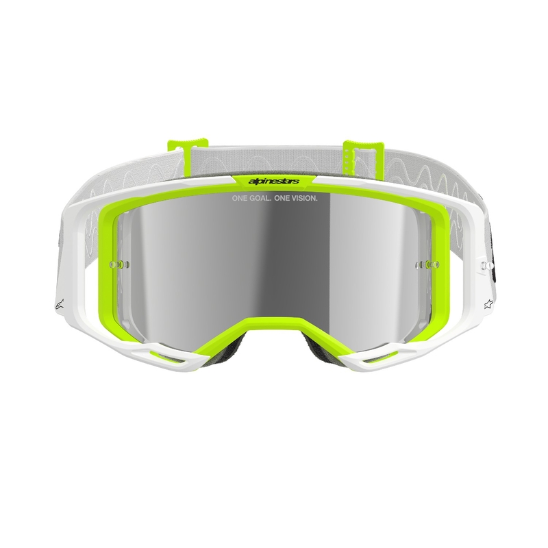 Alpinestars Vision 8 Wordmark motokroso akiniai baltai-fluo geltoni su veidrodiniais sidabriniais lęšiais