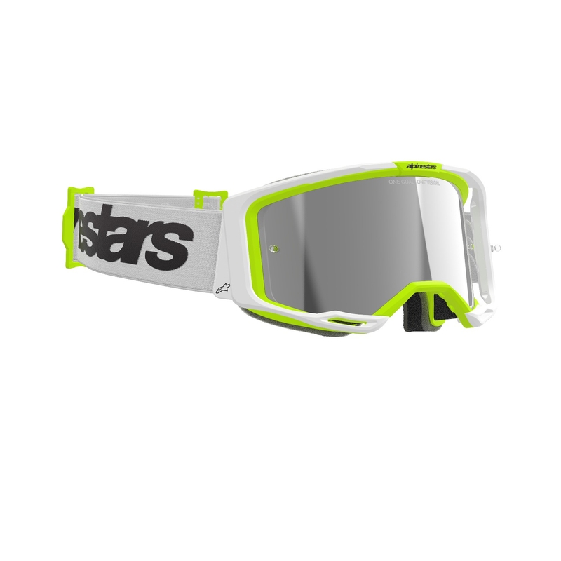 Alpinestars Vision 8 Wordmark motokroso akiniai baltai-fluo geltoni su veidrodiniais sidabriniais lęšiais