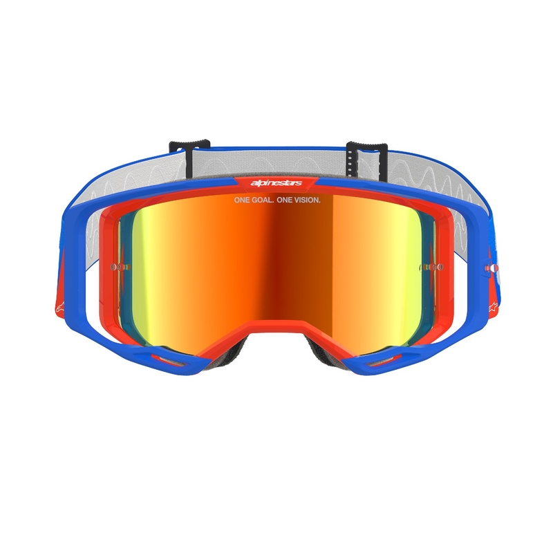 Alpinestars Vision 8 Wordmark Motokroso akiniai mėlynai oranžiniai su veidrodiniais raudonais lęšiais