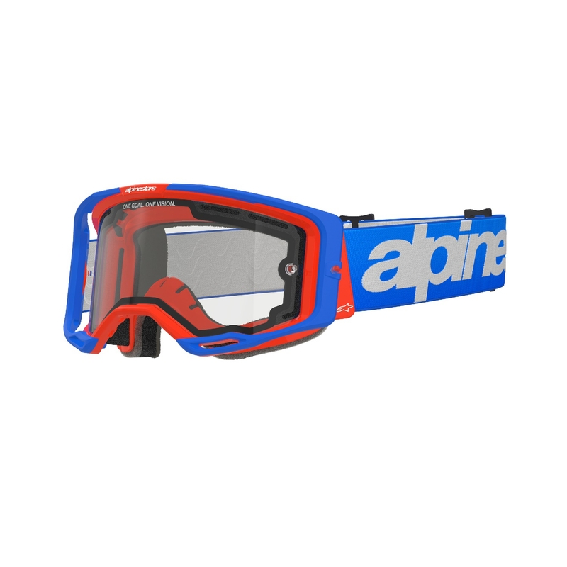 Alpinestars Vision 8 Wordmark motokroso akiniai mėlynai oranžinės spalvos su dvigubais skaidriais lęšiais nuo rūko