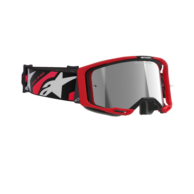 Alpinestars Vision 8 Luar raudonos ir juodos spalvų motokroso akiniai su veidrodiniais sidabriniais lęšiais
