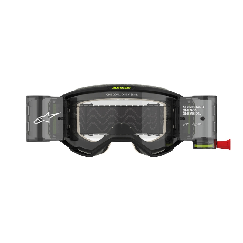 Alpinestars Vision 5 Hollow ROLL-OFF Wide Vision motokroso akiniai pilkai mėlynai geltoni su skaidriu stiklu