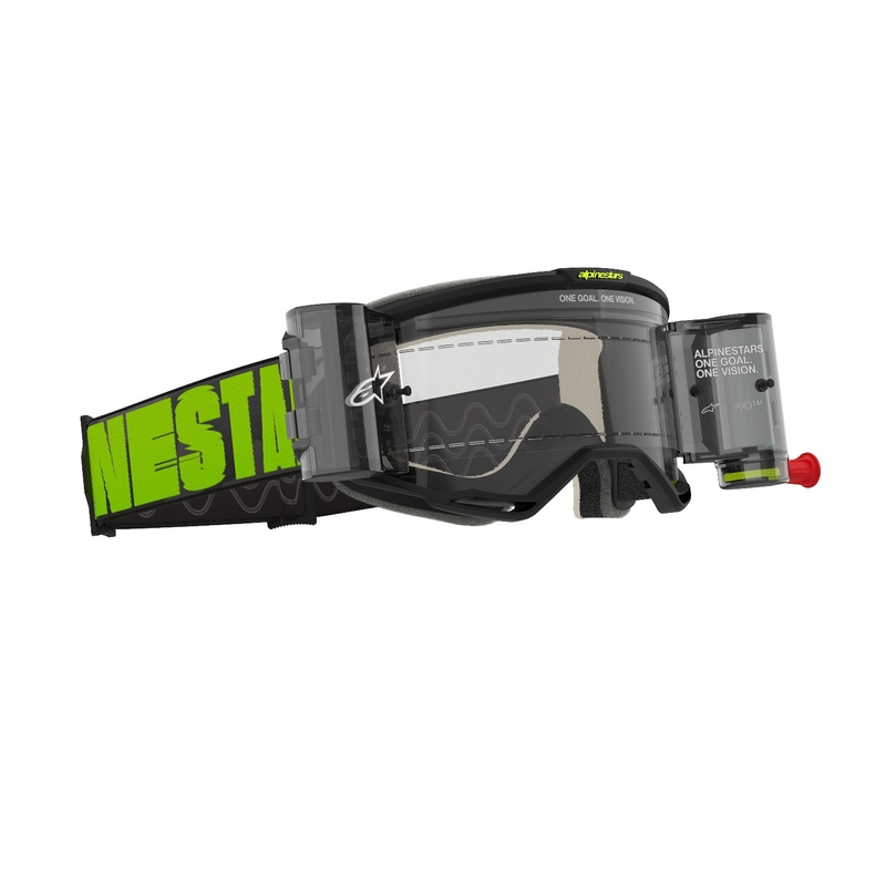 Alpinestars Vision 5 Hollow ROLL-OFF Wide Vision motokroso akiniai pilkai mėlynai geltoni su skaidriu stiklu