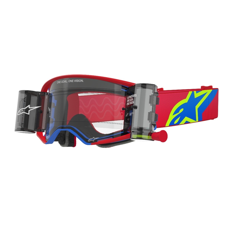 Alpinestars Supertech Corp ROLL-OFF Wide Vision Motokroso akiniai raudonos ir mėlynos spalvos su skaidriais lęšiais