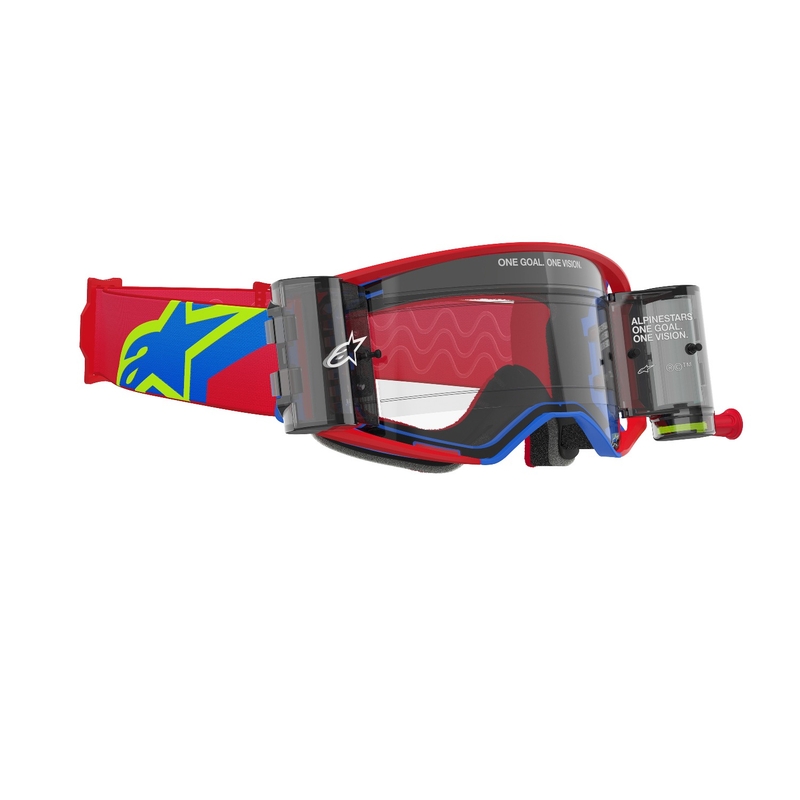 Alpinestars Supertech Corp ROLL-OFF Wide Vision Motokroso akiniai raudonos ir mėlynos spalvos su skaidriais lęšiais