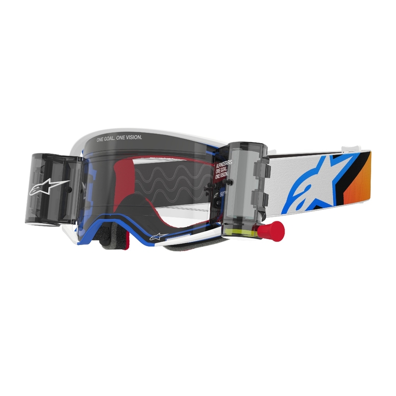 Alpinestars Supertech Corp ROLL-OFF Wide Vision Motokroso akiniai mėlynai oranžiniai su skaidriais lęšiais