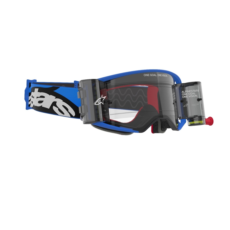 Alpinestars Supertech Stream ROLL-OFF plataus matymo motokroso akiniai mėlyni su skaidriais lęšiais