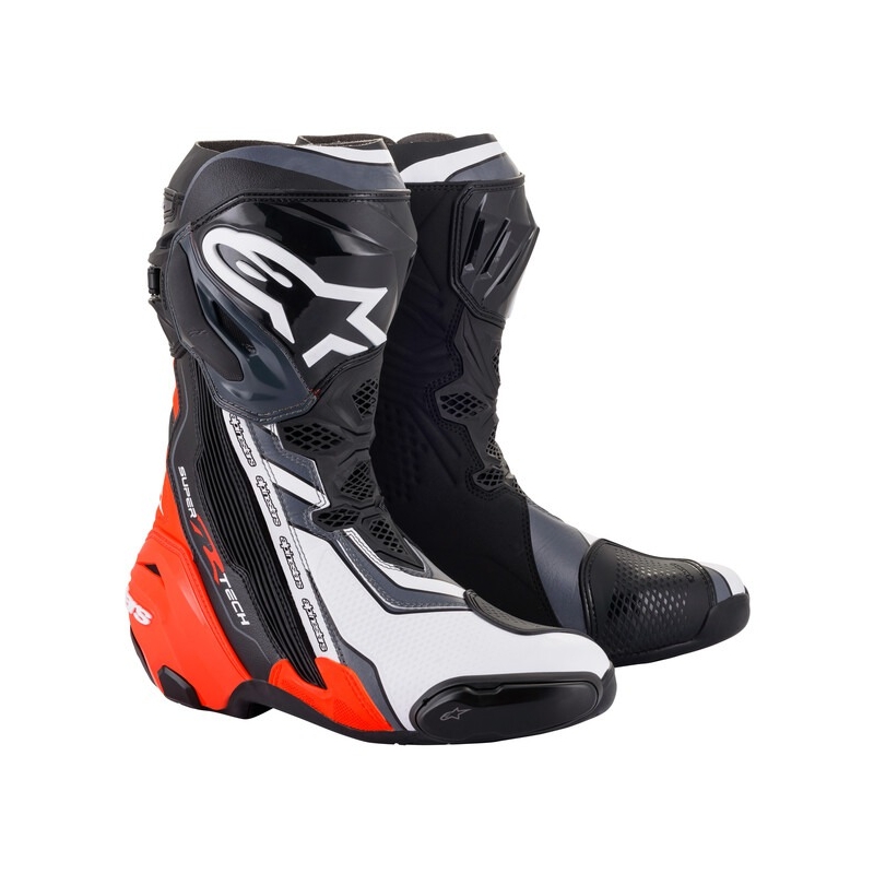 "Alpinestars Supertech R" juodai-fluo raudonai-baltai-pilkos spalvos motociklininko batai