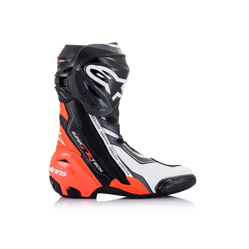 "Alpinestars Supertech R" juodai-fluo raudonai-baltai-pilkos spalvos motociklininko batai
