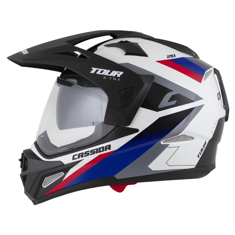 Enduro šalmas "Cassida Tour 2.0 X-tra" baltai-mėlynai-raudonai-juodas su juodu matiniu skydeliu