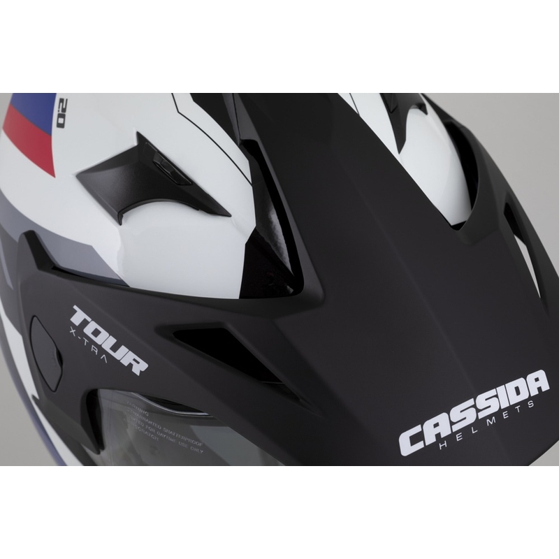Enduro šalmas "Cassida Tour 2.0 X-tra" baltai-mėlynai-raudonai-juodas su juodu matiniu skydeliu