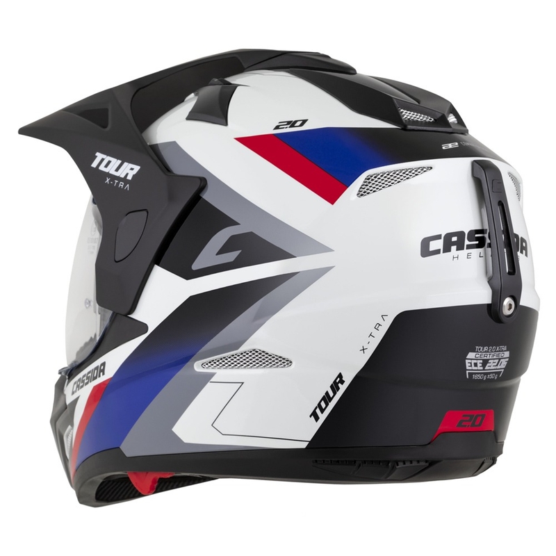 Enduro šalmas "Cassida Tour 2.0 X-tra" baltai-mėlynai-raudonai-juodas su juodu matiniu skydeliu