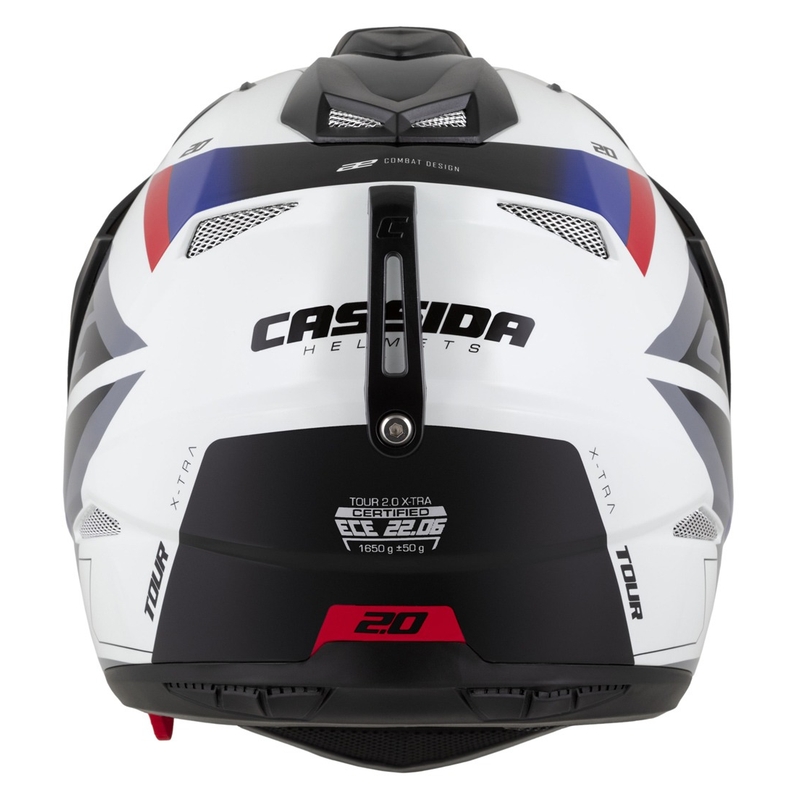 Enduro šalmas "Cassida Tour 2.0 X-tra" baltai-mėlynai-raudonai-juodas su juodu matiniu skydeliu