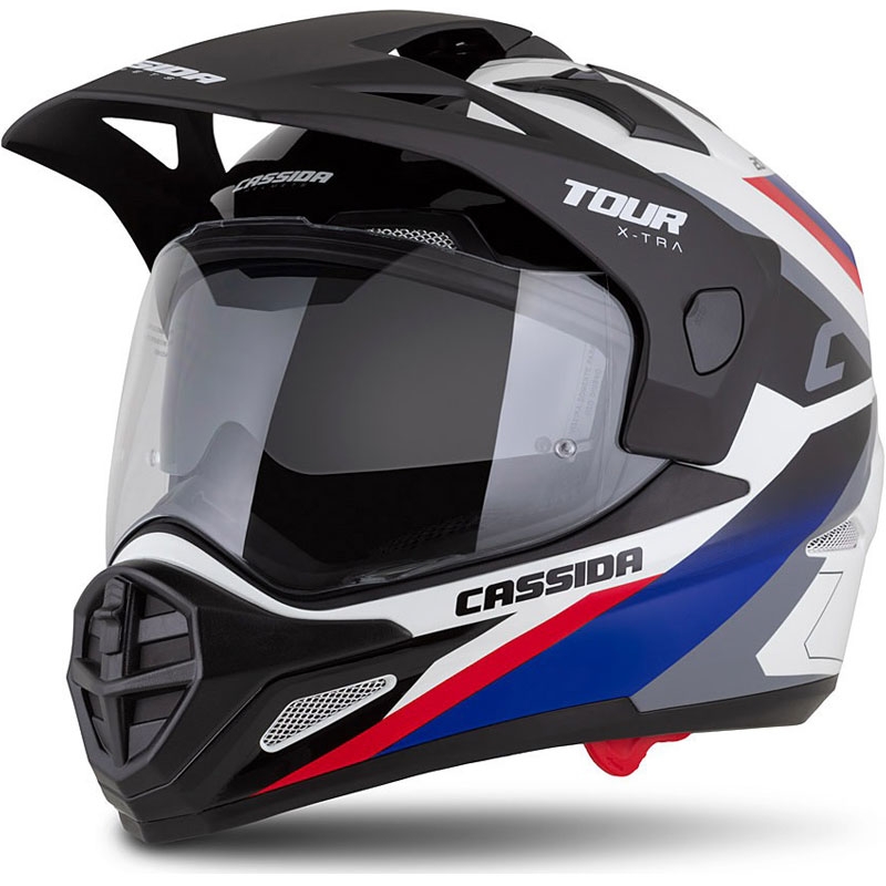 Enduro šalmas "Cassida Tour 2.0 X-tra" baltai-mėlynai-raudonai-juodas su juodu matiniu skydeliu