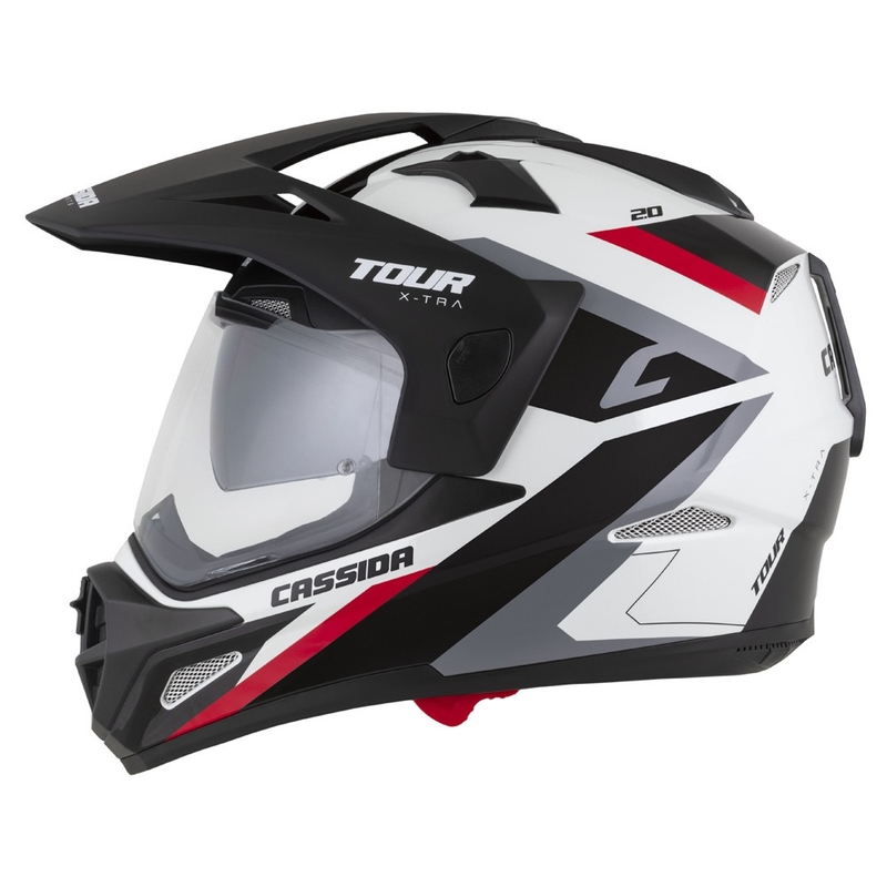 Enduro šalmas "Cassida Tour 2.0 X-tra" baltai-raudonai-juodas su juodu matiniu skydeliu