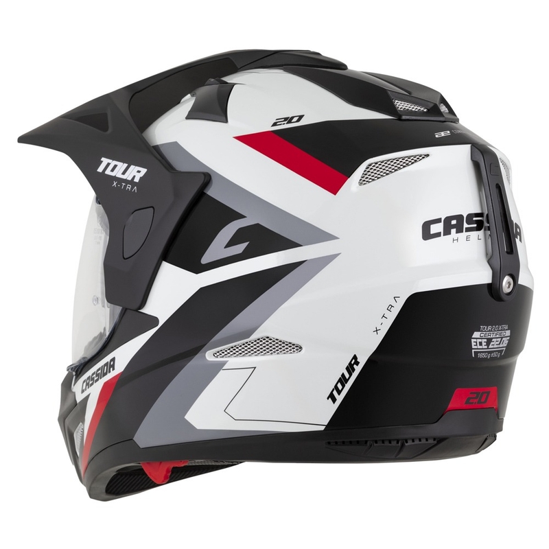 Enduro šalmas "Cassida Tour 2.0 X-tra" baltai-raudonai-juodas su juodu matiniu skydeliu